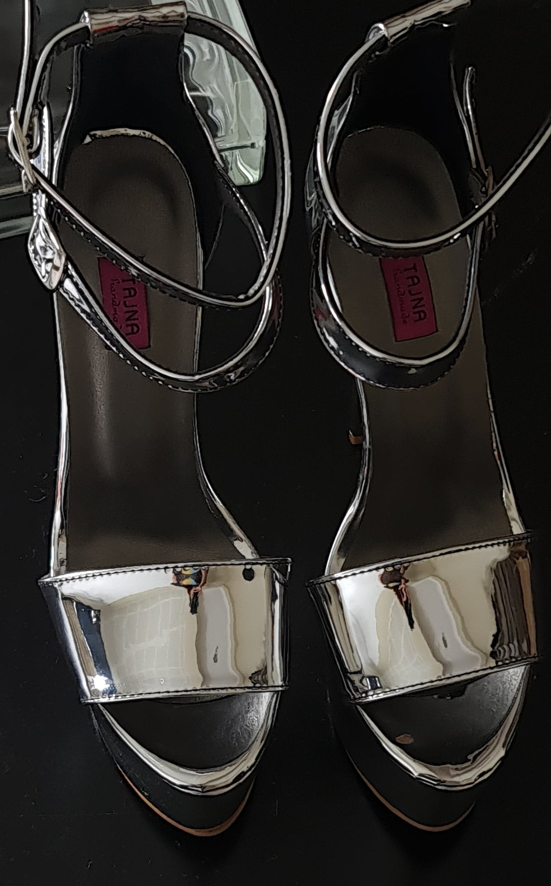 Silver Mirror Double Ankle Strap High Heels Tajna Club Shoes