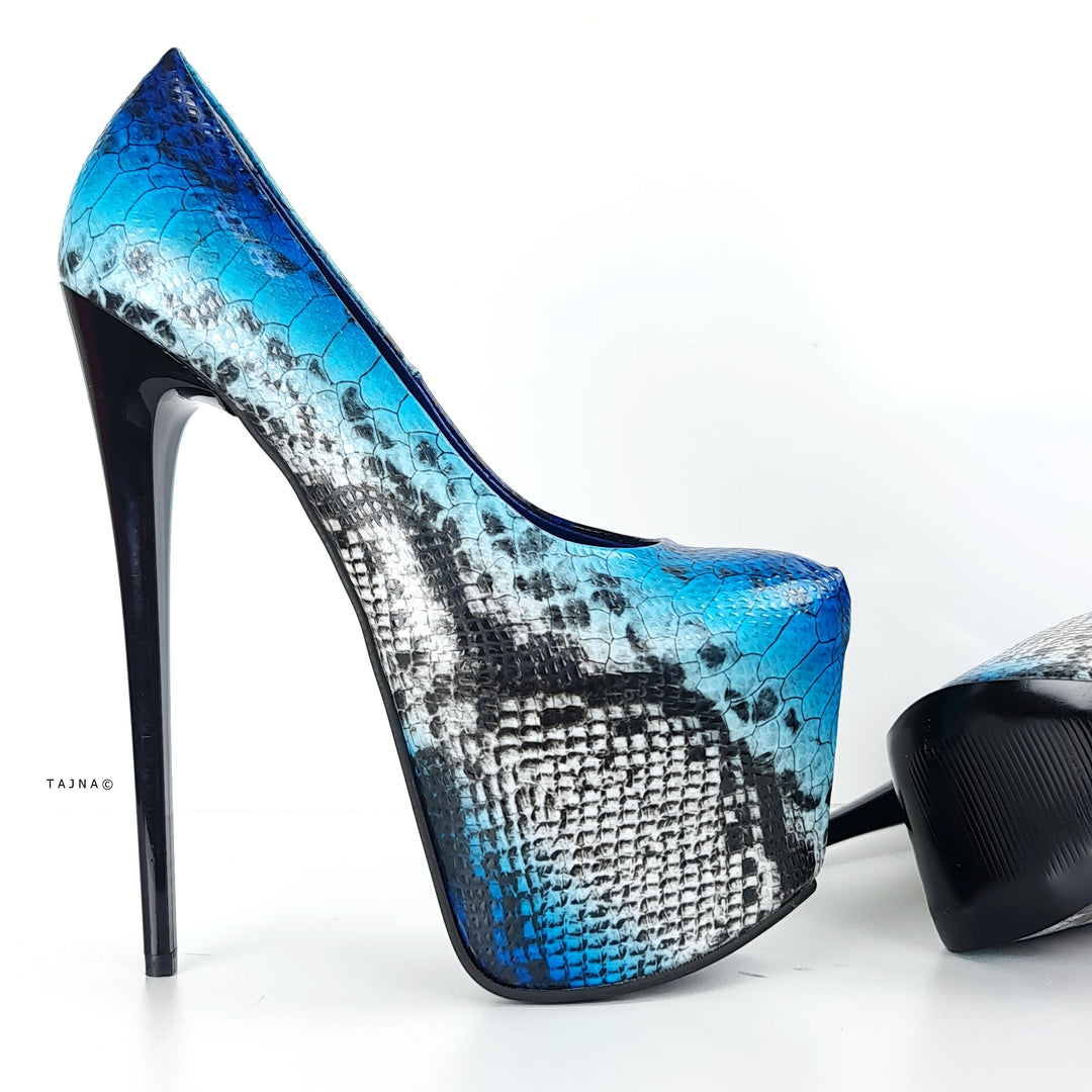 Blue Snake Print Classic High Heel Pumps Tajna club Shoes