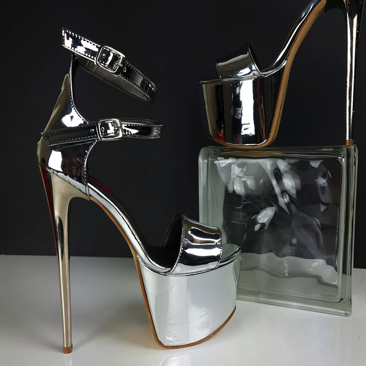 Silver Mirror Double Ankle Strap High Heels Tajna Club Shoes