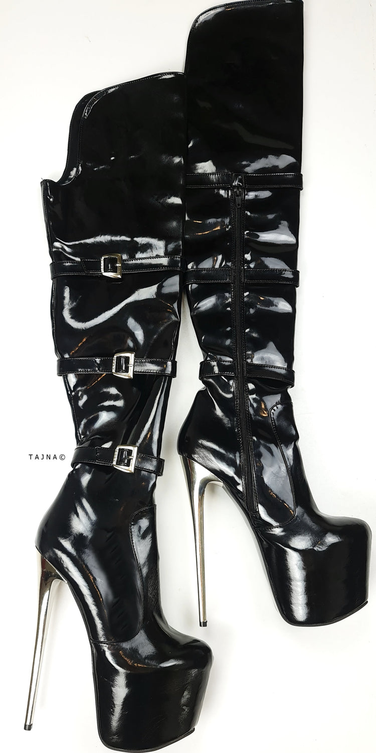 Metallic Heel Black Patent Belted Thigh Boots