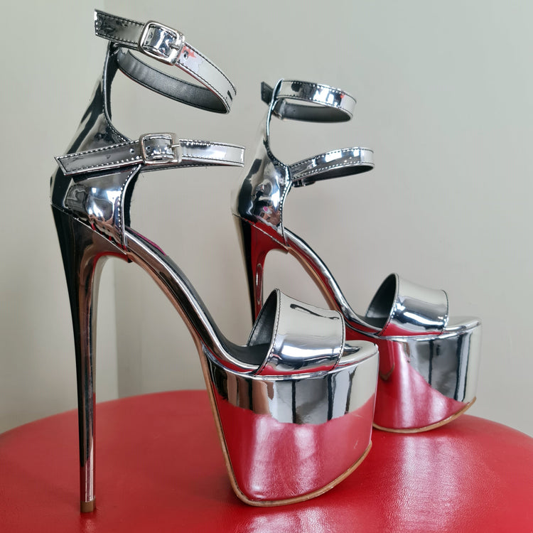 Silver Mirror Double Ankle Strap High Heels Tajna Club Shoes