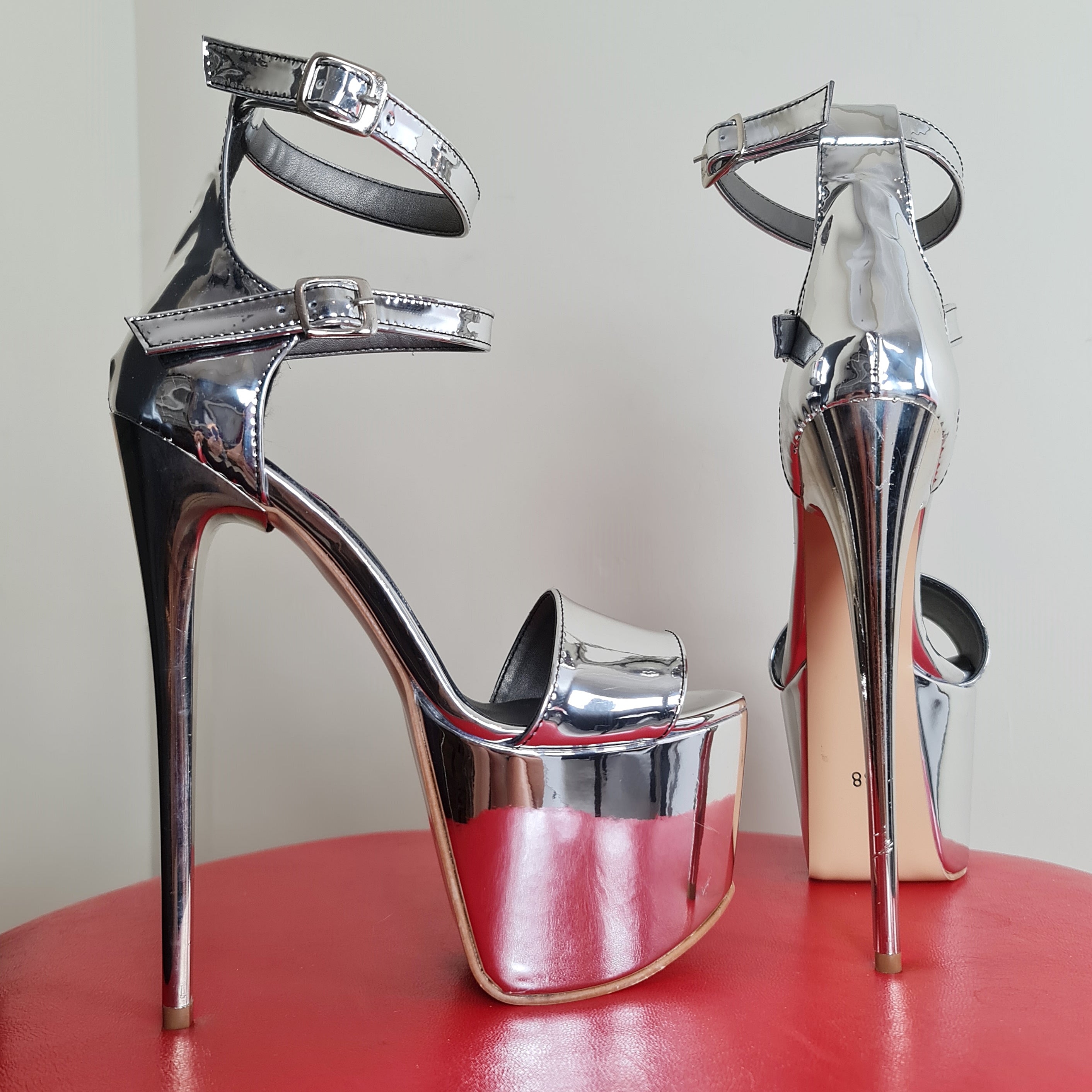 Silver Mirror Double Ankle Strap High Heels Tajna Club Shoes