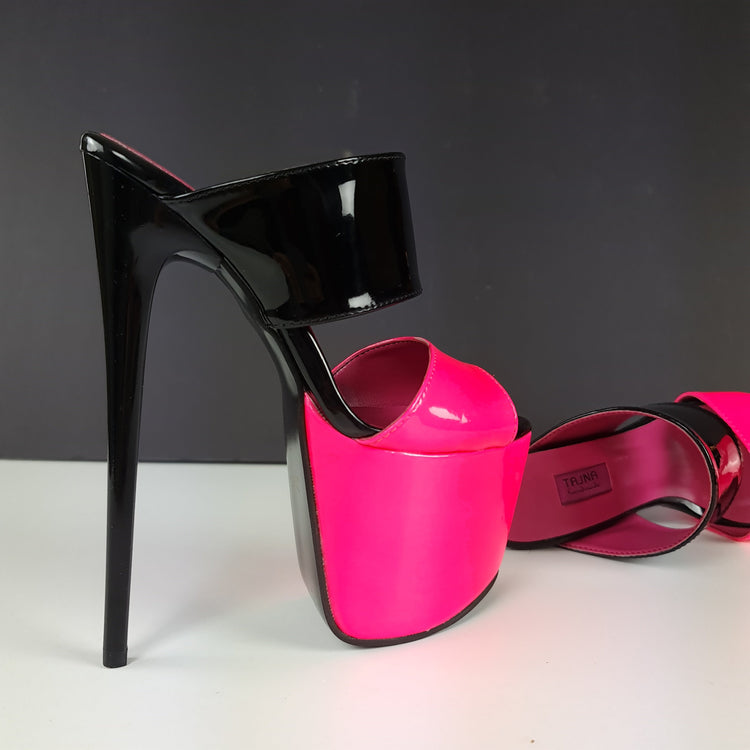 Black Neon Pink Gloss Double Strap Mules Tajna Club High Heel Shoes