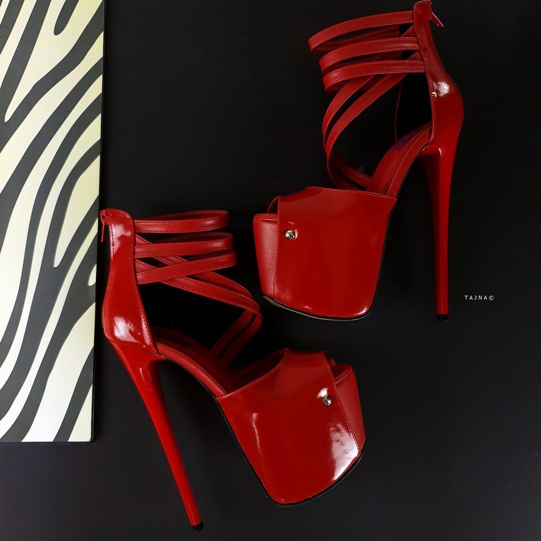 Red Gloss Multi Strap Ankle Cut Peep Toe High Heels Tajna Club Shoes