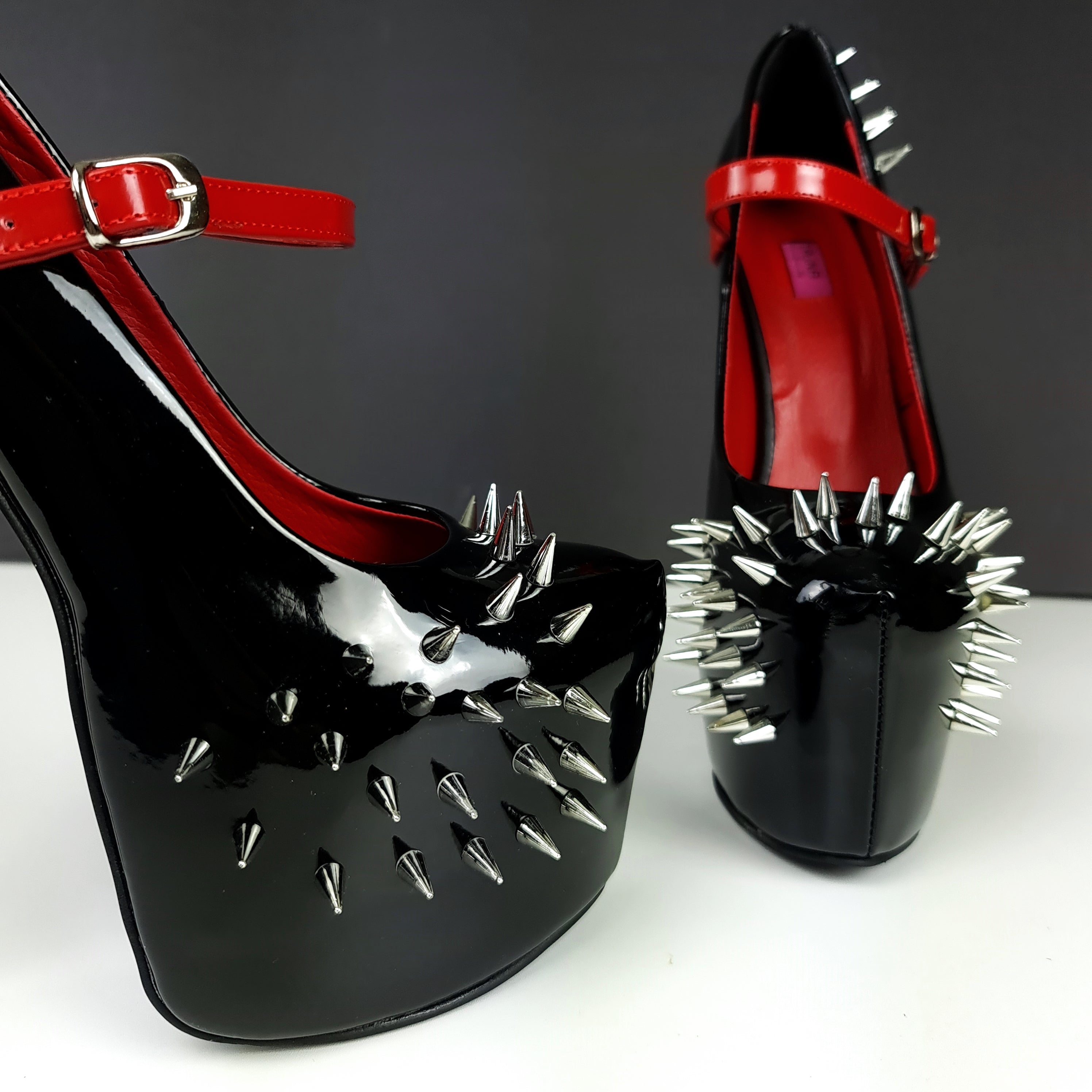 Black Red Gloss Spike Studded Strapped Heels Tajna Club Shoes