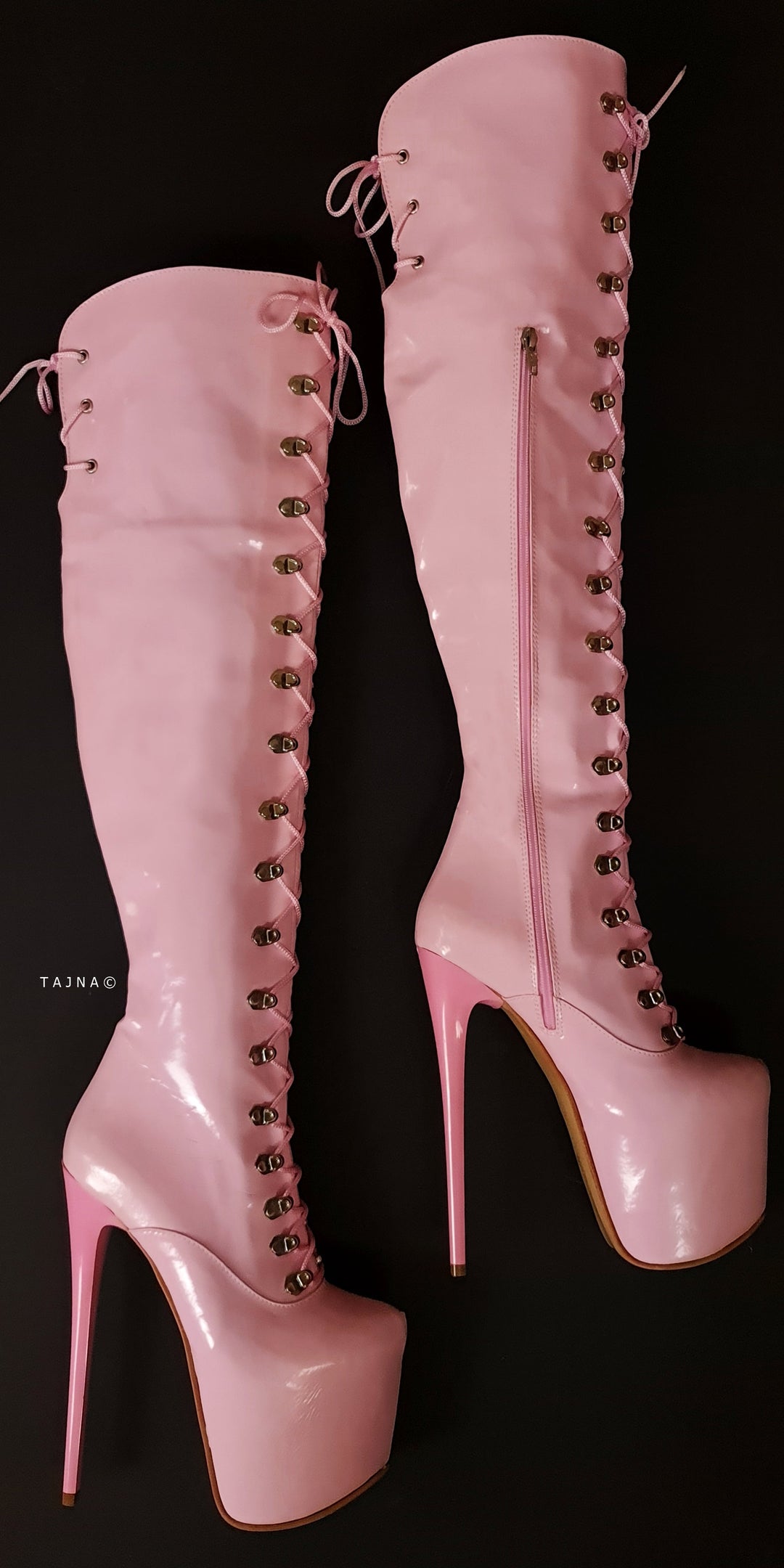 Light Pink Gloss Military Style Lace Up Heel Boots