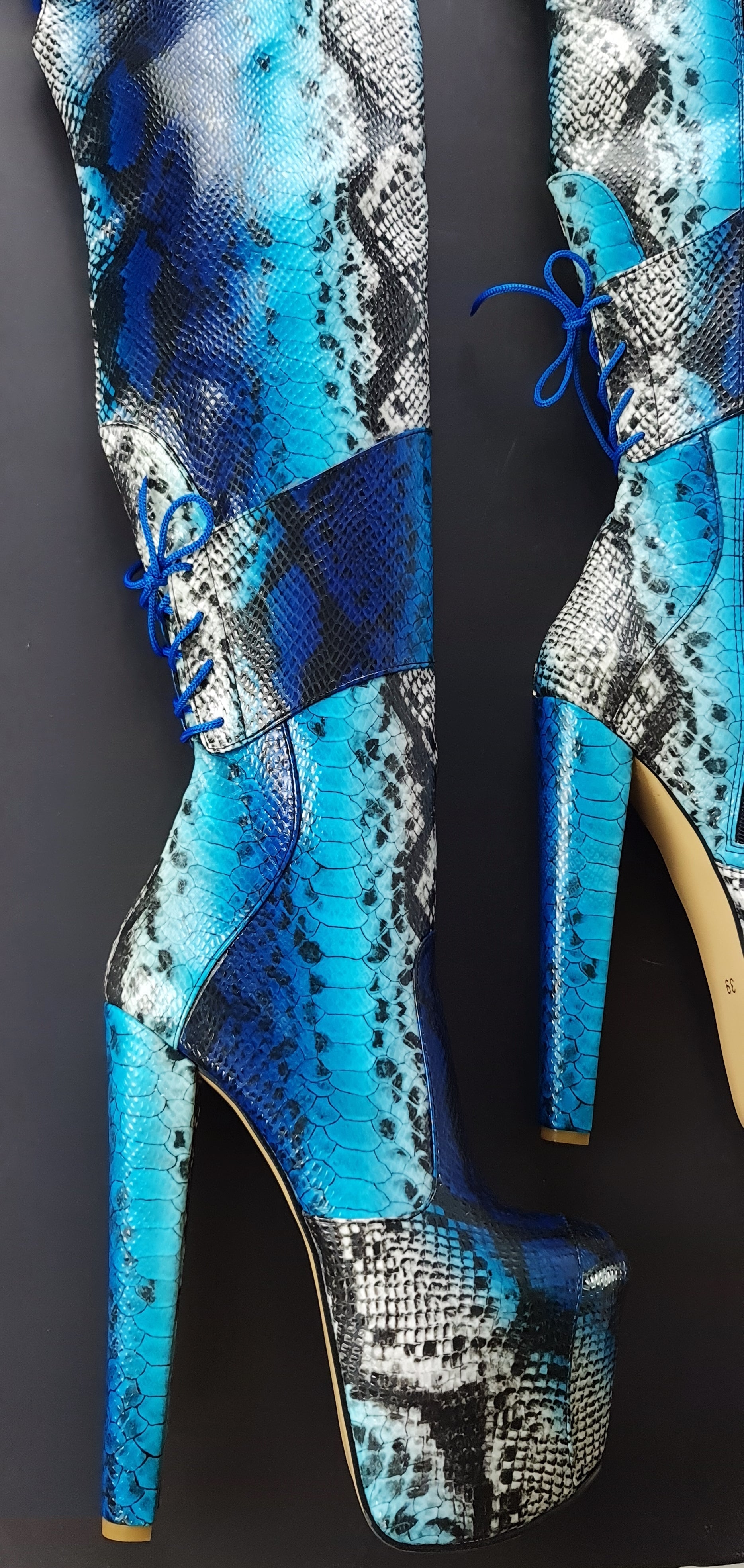 Blue snakeskin thigh high boots online