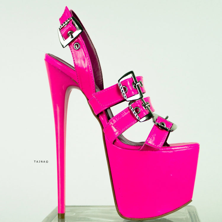 Neon Pink Gloss Multi Belted High Heel Sandals