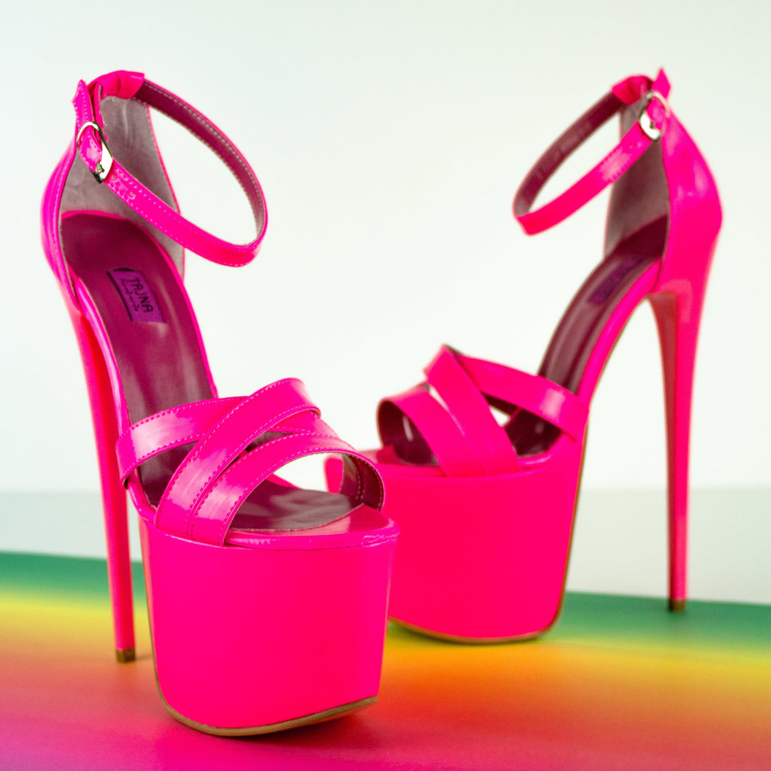 Neon Pink Gloss Cross Strap High Heel Sandals