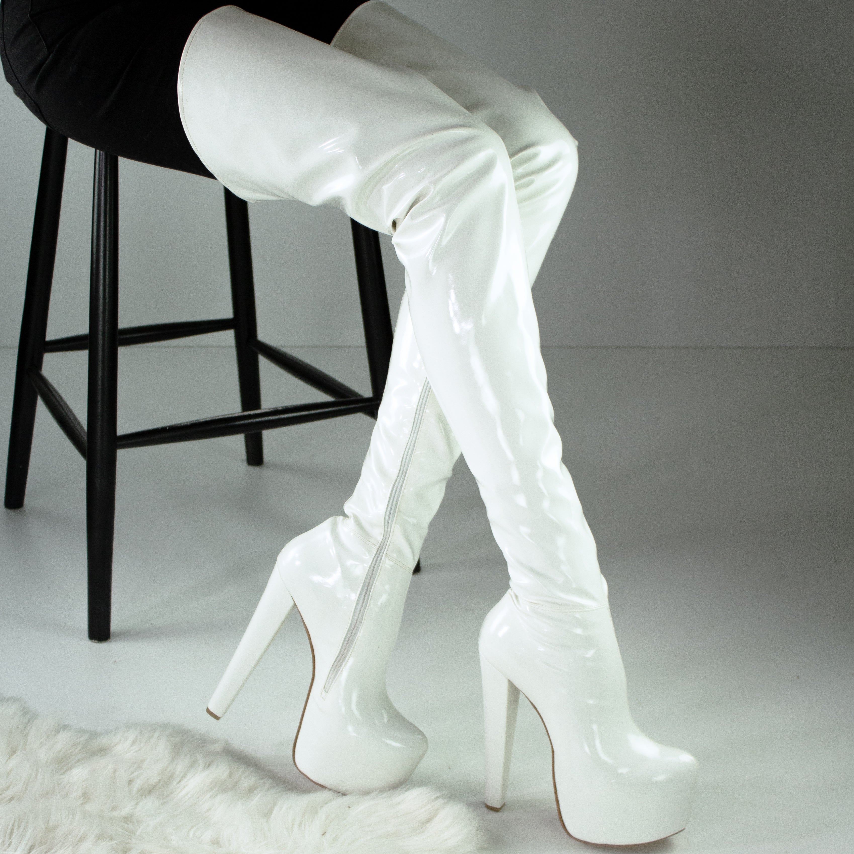 Extra Long White Gloss Stretch Thigh High Boot
