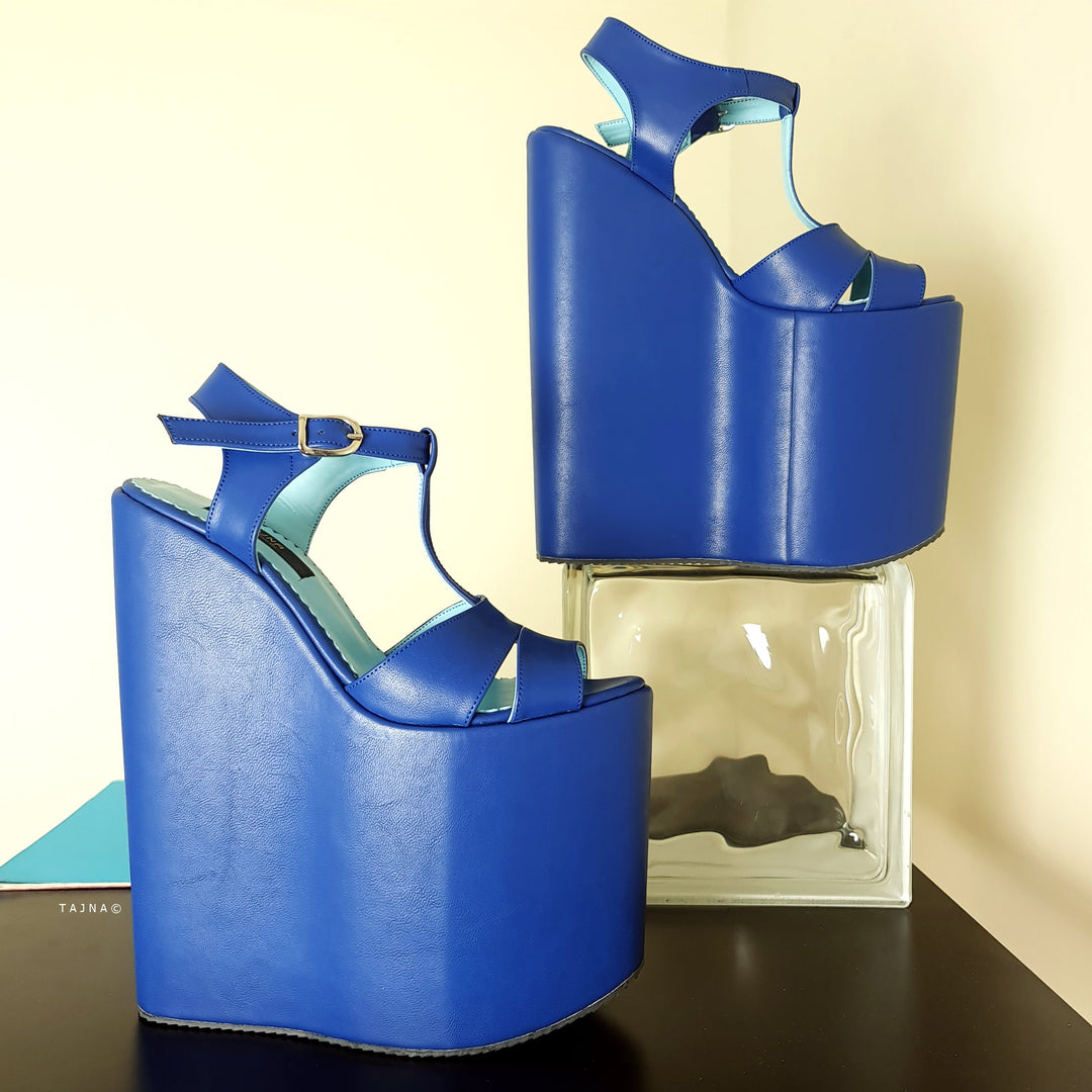 Blue Cross T Strap Detail Wedge Platform Sandals Tajna Club Extreme Height