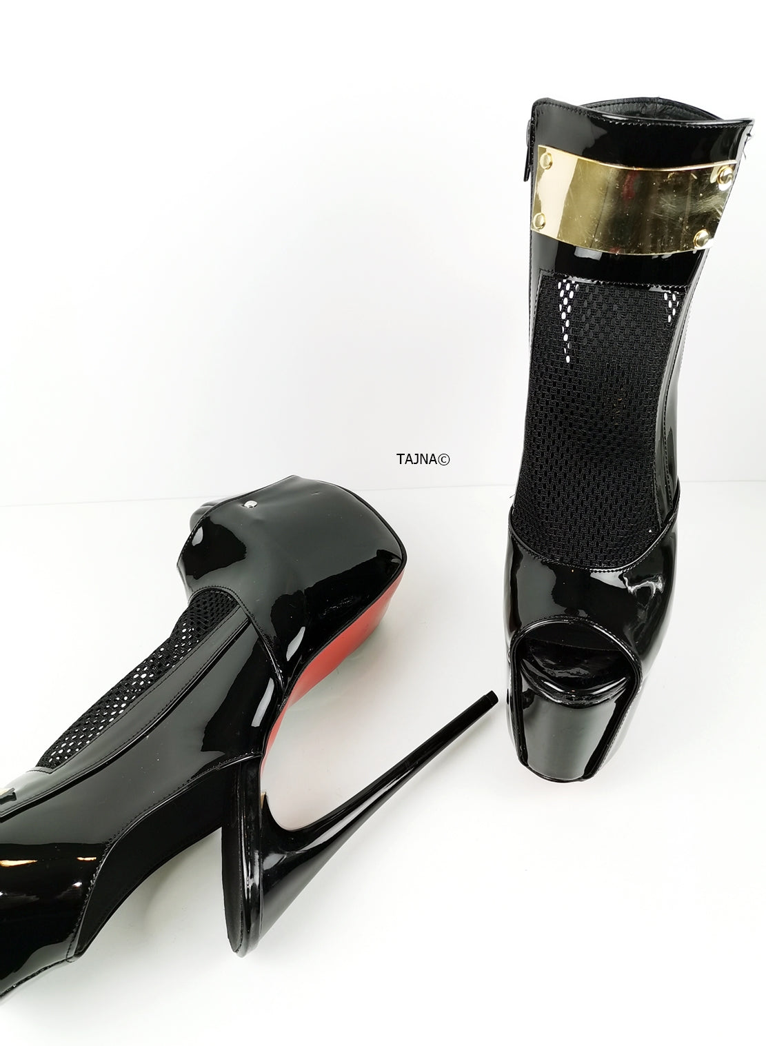 Black Patent Fishnet Detail Designer Heels - Tajna Club