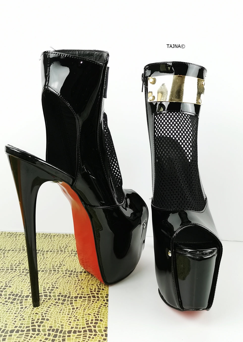 Black Patent Fishnet Detail Designer Heels - Tajna Club