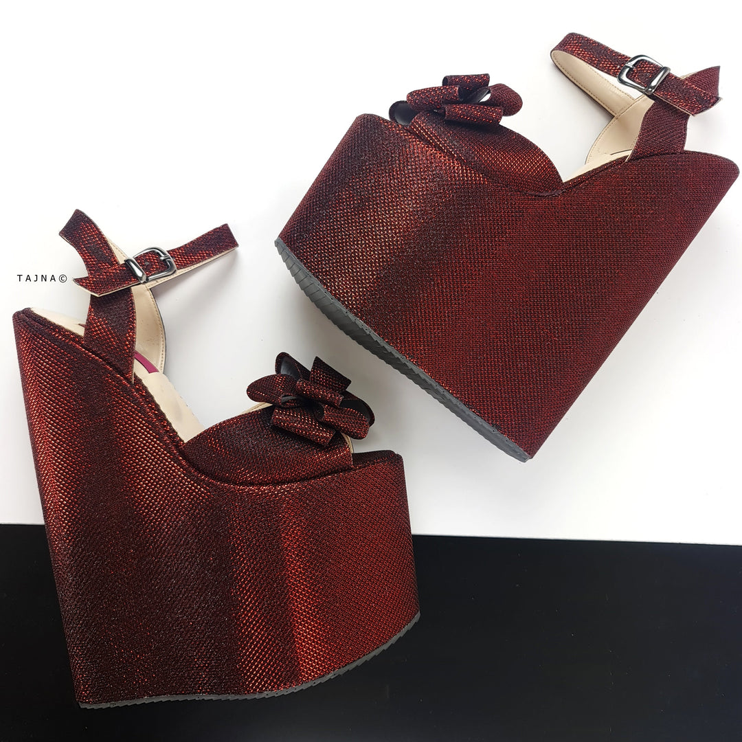 Bordeuax Shimmer Ribbon Detail Wedge Platform Sandals Tajna Club Shoes