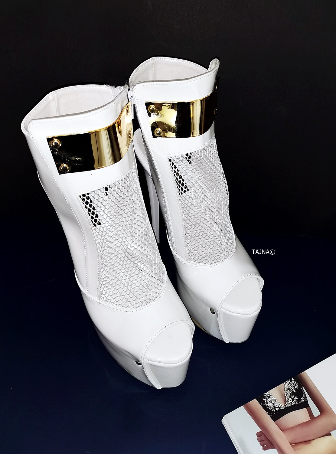 White Patent Fishnet Detail Designer Heels - Tajna Club
