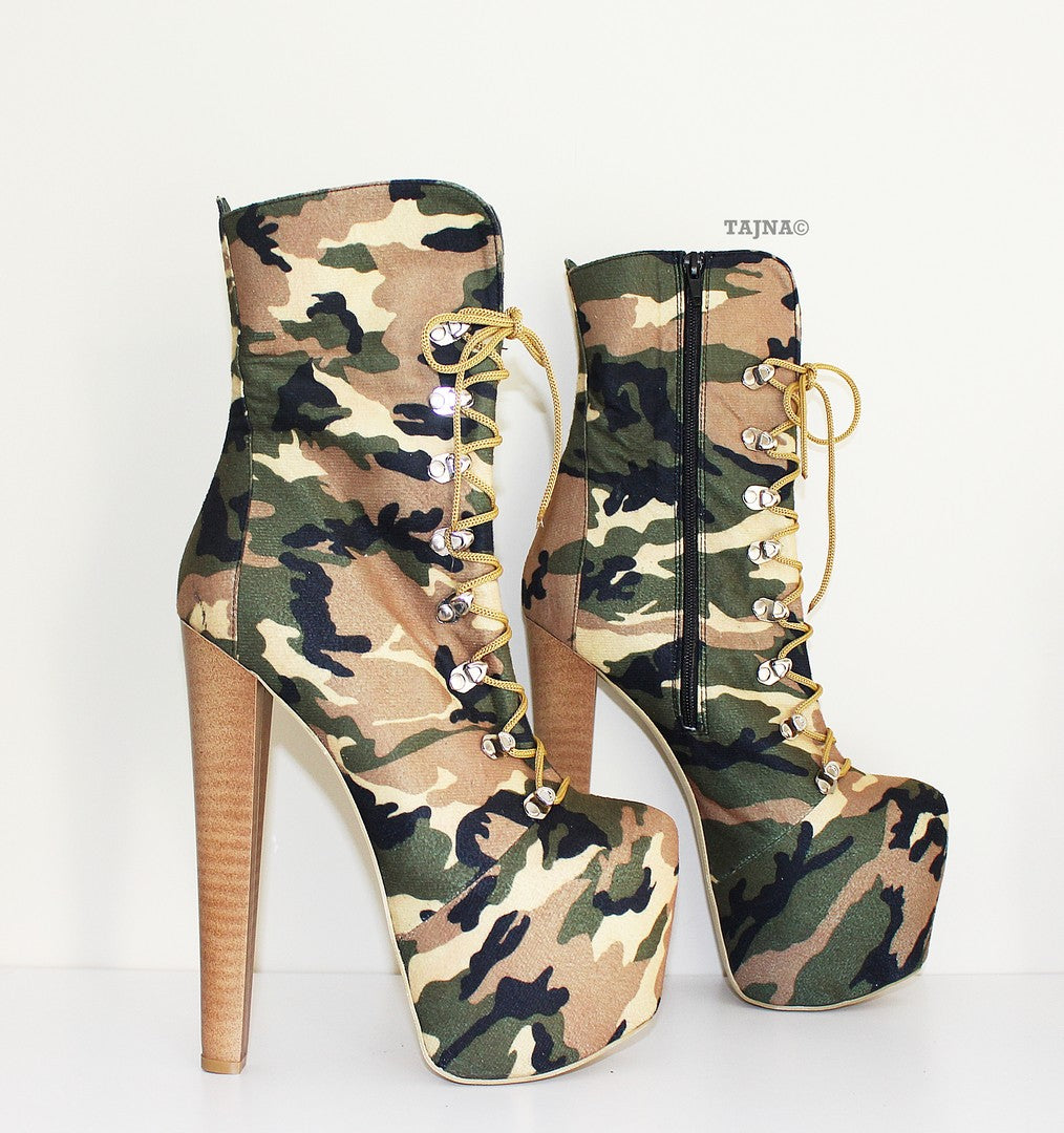 Camouflage High Heel Platform Ankle Boots Tajna Shoes Tajna Club