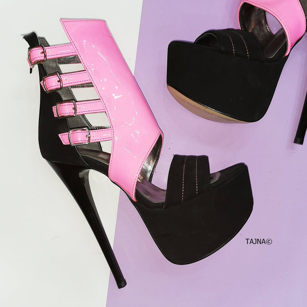 Neon Pink Black Belted Ankle Platforms - Tajna Club