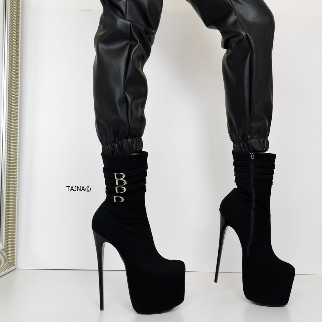 Aragon Black Suede Belted Heel Boots - Tajna Club