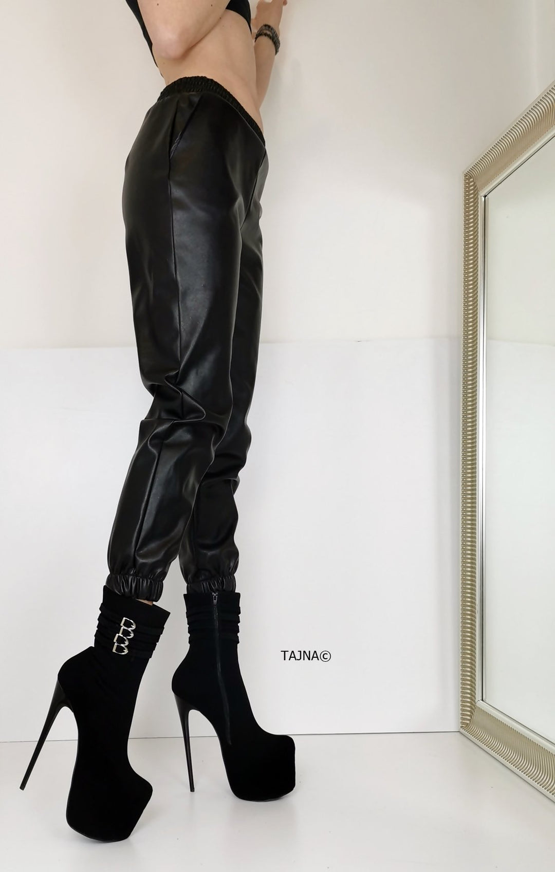 Aragon Black Suede Belted Heel Boots - Tajna Club
