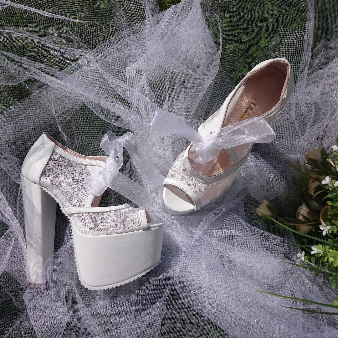 Bridal White Lace Shoes With Chunky High Heel Platforms - Tajna Club