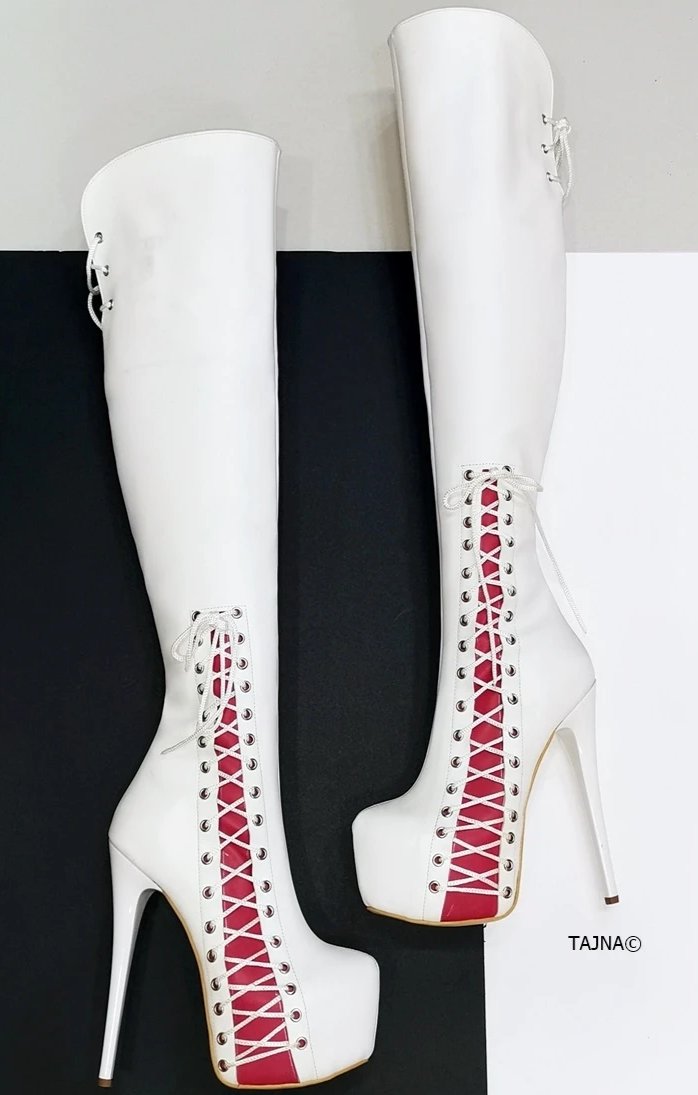 White Pink Knee High Corset Boots - Tajna Club