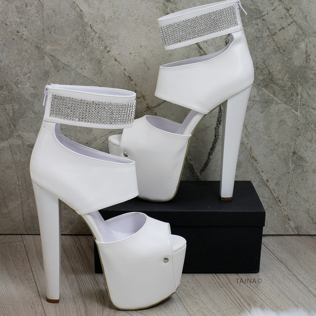 Gemstone White Ankle Platform Heels - Tajna Club