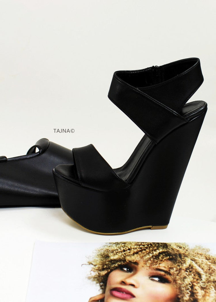 Black Bold Strap 17 cm Heel Wedge Sandals - Tajna Club
