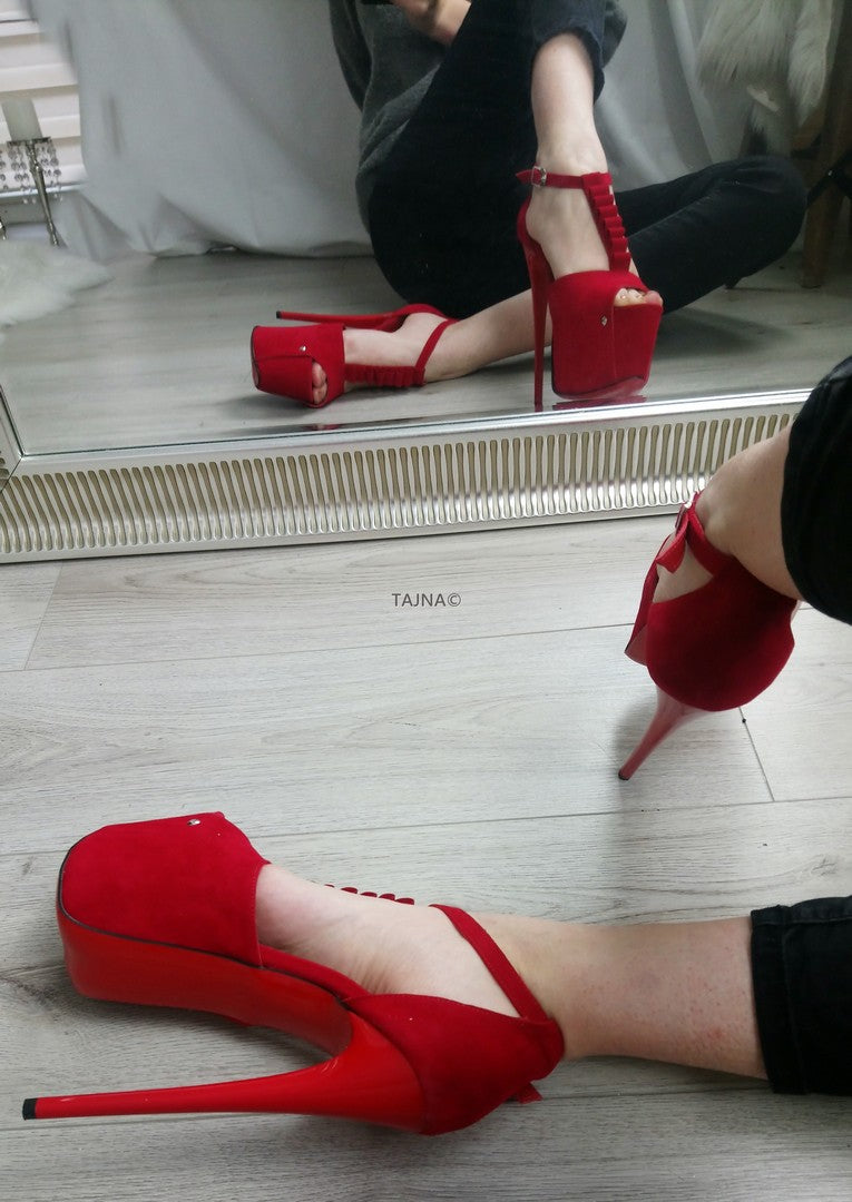 Red Suede Romantic Strap High Heels - Tajna Club