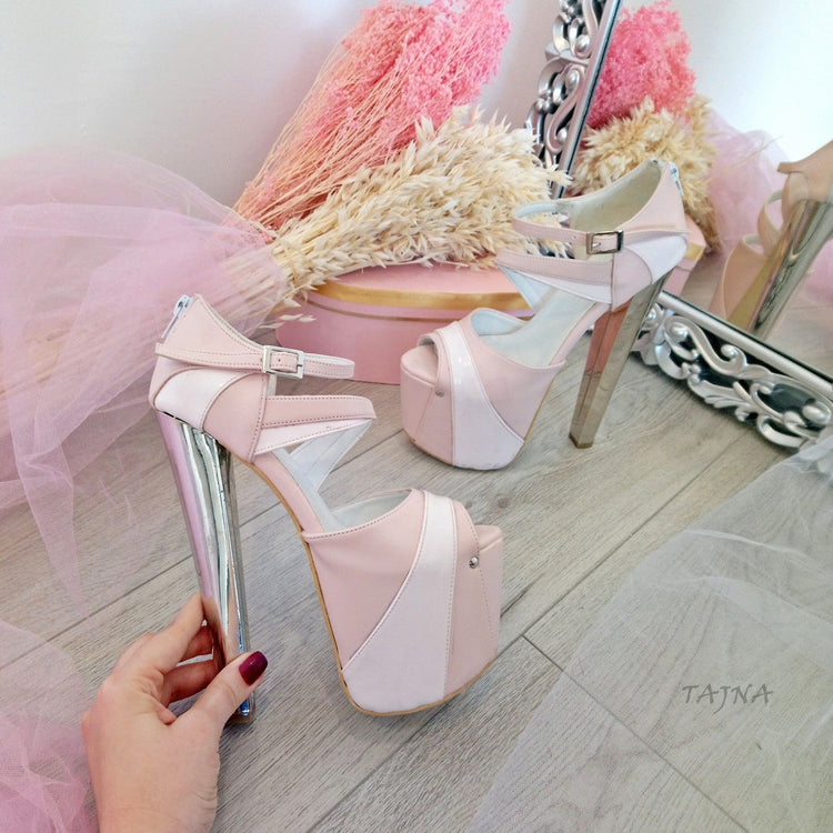 Pink Powder White High Heel Platform Shoes - Tajna Club