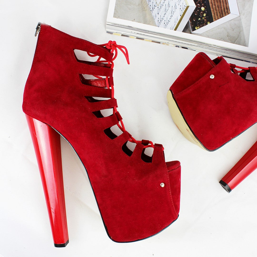 Red Suede Lace Up Gladiator Heels - Tajna Club