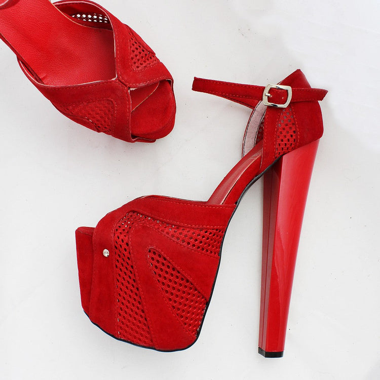 Red Suede Mesh Peep Toe Platform Heels - Tajna Club
