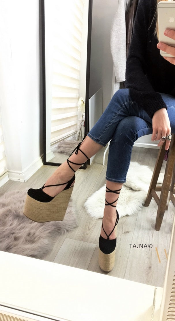 Black Lace Up High Heel Wedge Sandals - Tajna Club