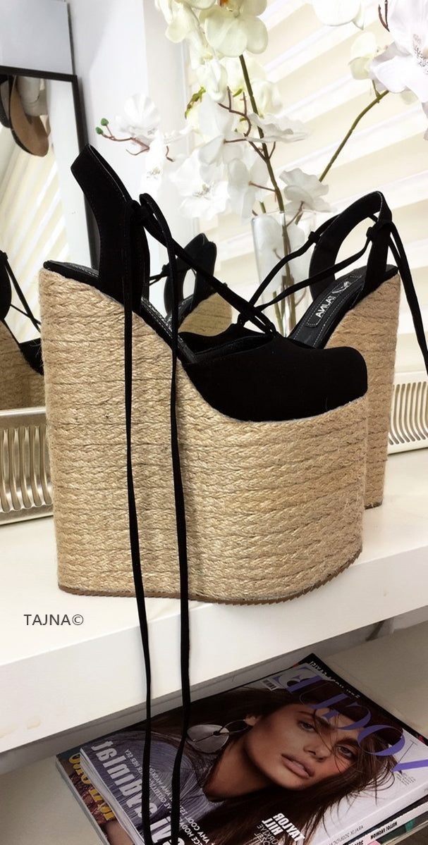 Black Lace Up High Heel Wedge Sandals - Tajna Club