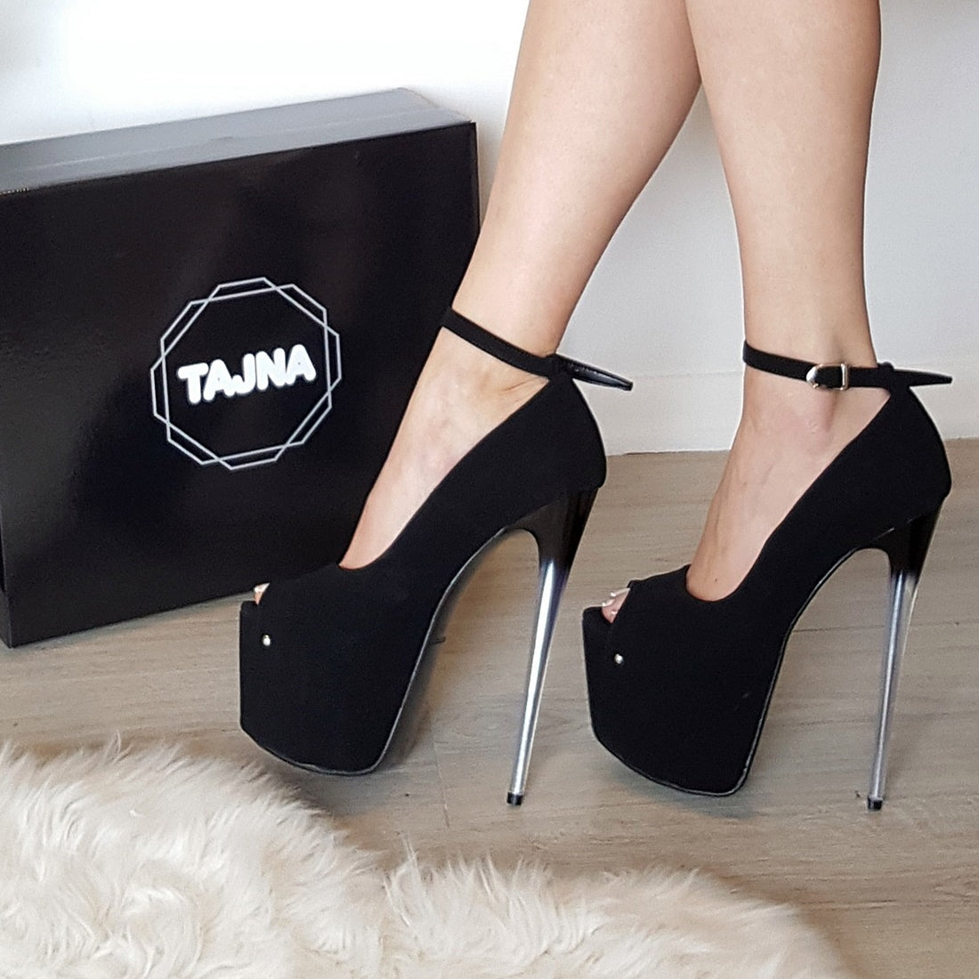 Black Faux Suede Ankle Strap 19 cm Glassy Heel Platforms | Tajna