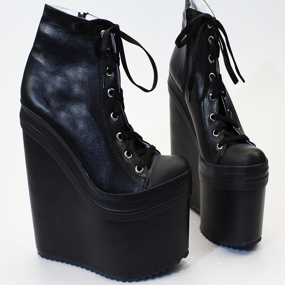 Black Faux Leather Lace Up Platform Wedge Booties - Tajna Club