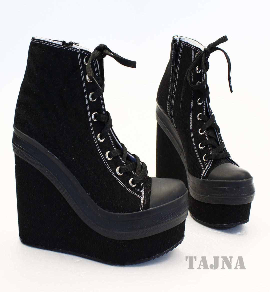 Black Flax Lace Up Sport High Heel Wedge Platform Booties - Tajna Club
