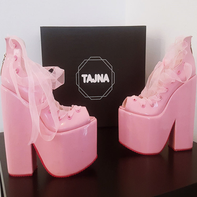 Lace Up Light Pink Balerinas Platform Wedge Shoes - Tajna Club