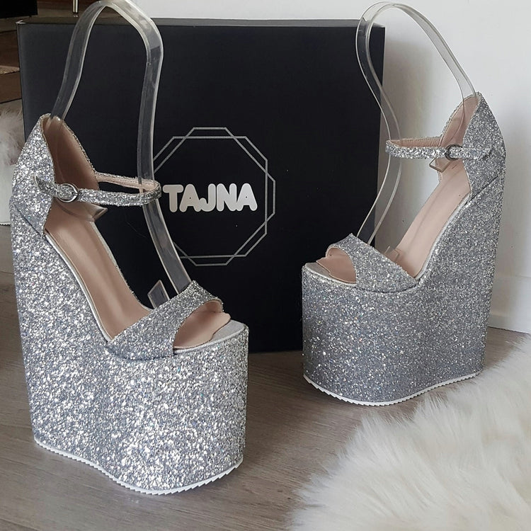 Silver Glitter Strap High Platform Wedge Shoes - Tajna Club