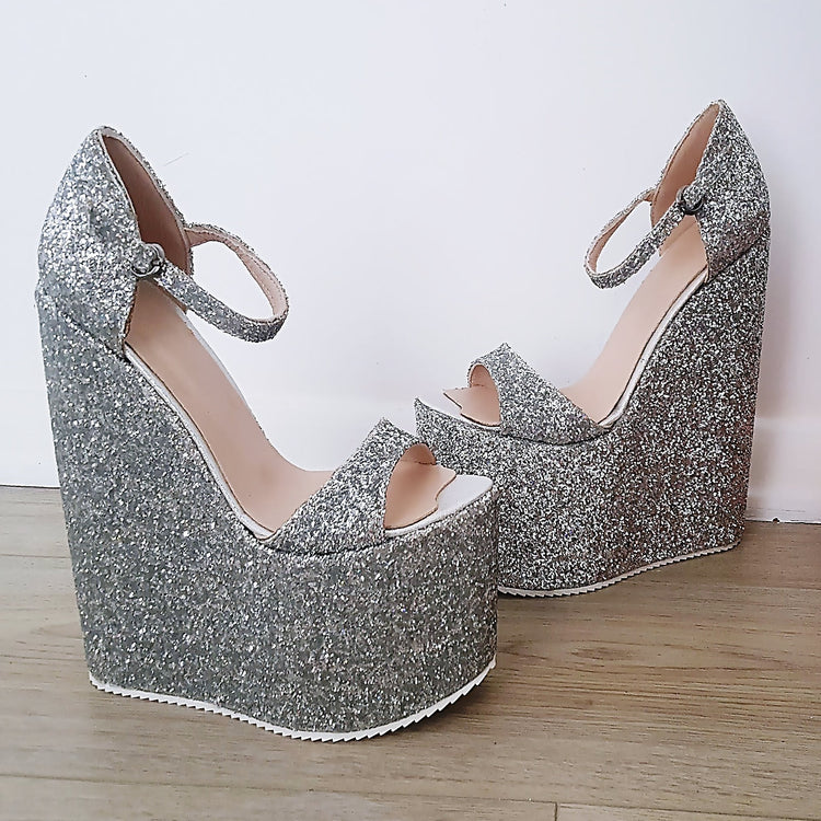 Silver Glitter Strap High Platform Wedge Shoes - Tajna Club