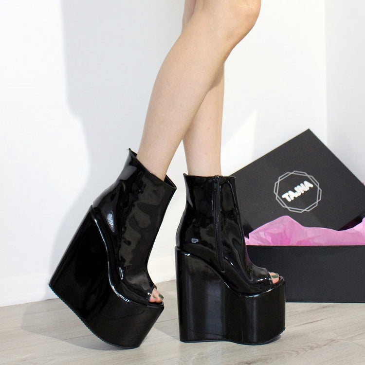 Peep Toe Black Patent Leather High Heel Wedge - Tajna Club