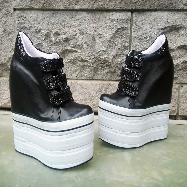Black White Hook Pile Sport High Heel Wedge Platform Shoes - Tajna Club