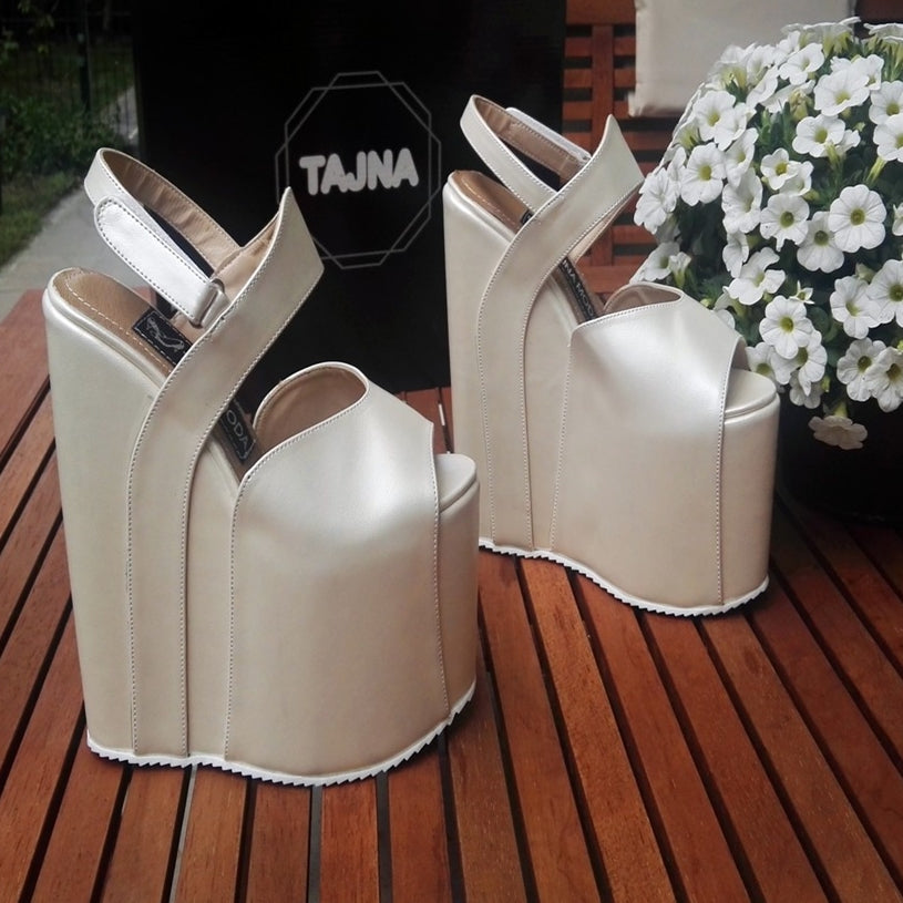 Ivory Bold Strap High Platform Wedge Shoes - Tajna Club