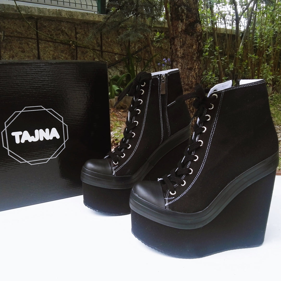 Black Flax Lace Up Sport High Heel Wedge Platform Booties - Tajna Club