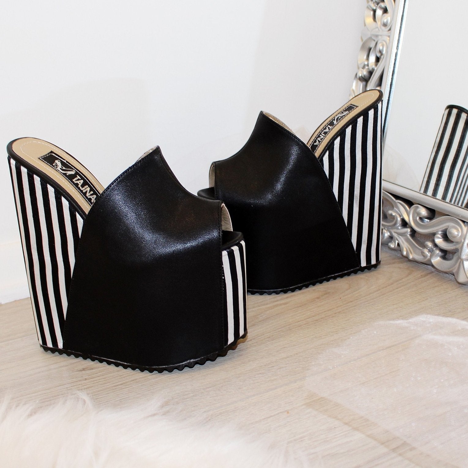 Black and white striped mules sale