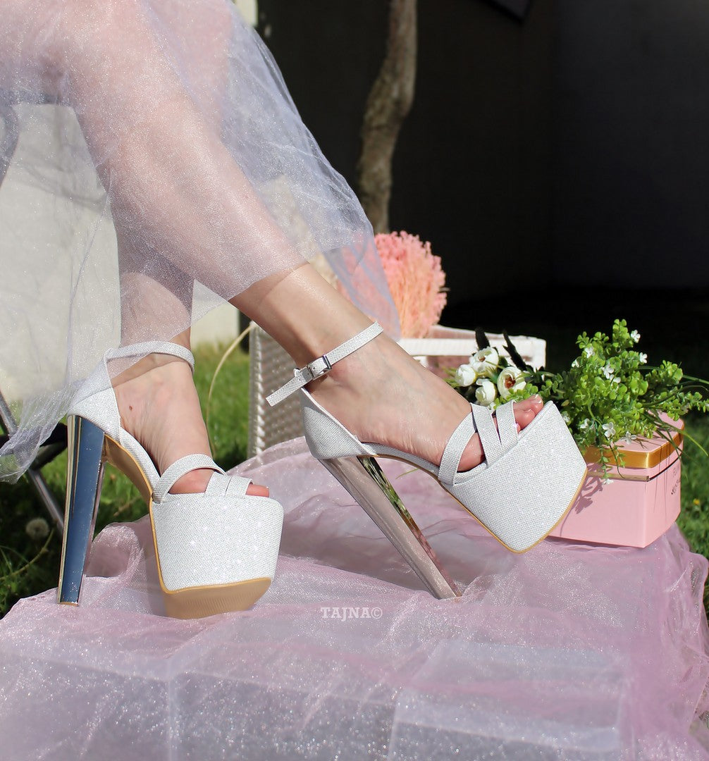 Cross Strap White Silver Shimmer Bridal Platform Shoes - Tajna Club