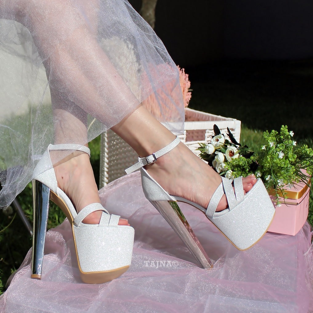 Cross Strap White Silver Shimmer Bridal Platform Shoes - Tajna Club