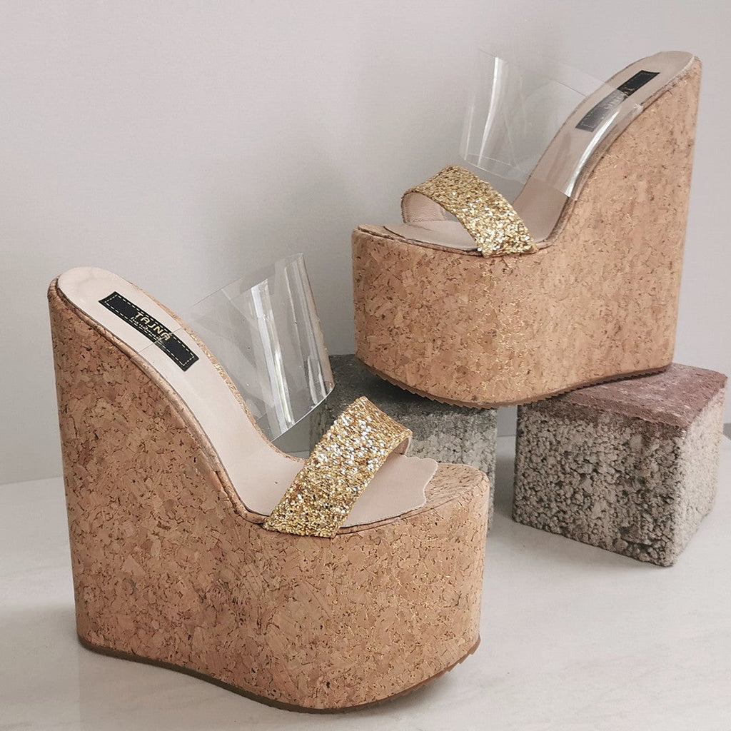 Transparent Strap Cork Wedge Mules - Main Image