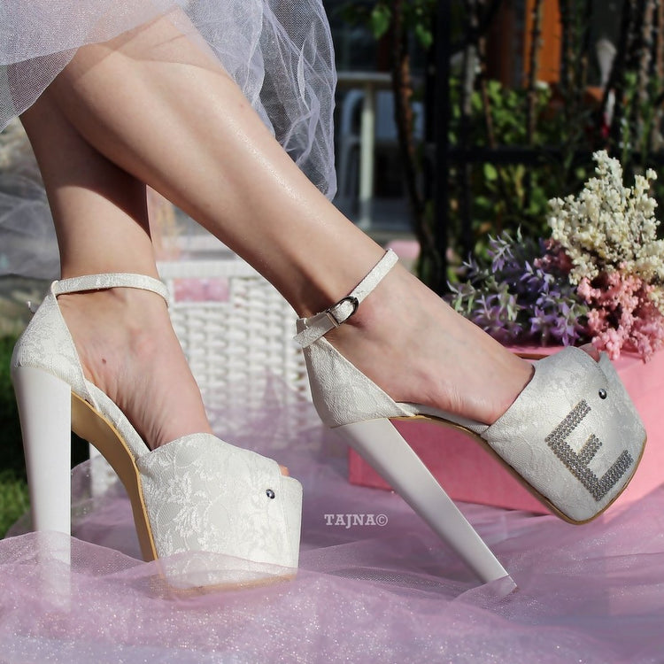 Letter Printed Ivory Lace Platform Bridal Shoes - Tajna Club