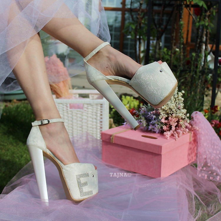 Letter Printed Ivory Lace Platform Bridal Shoes - Tajna Club