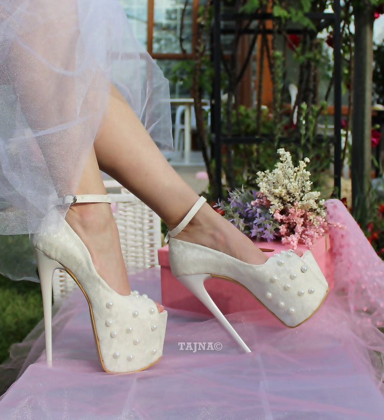 Cream White Lace with Pearl Platform Bridal Shoes - Tajna Club